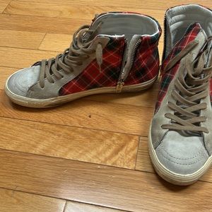 Golden goose red plaid high rise sneakers — size 37, excellent condition